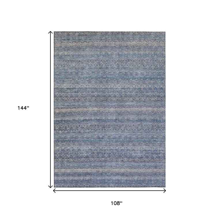 9' X 12' Blue And Sky Blue Striped Washable Indoor Outdoor Area Rug
