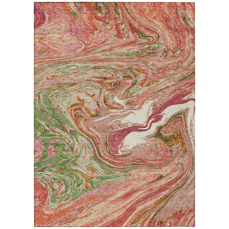 9' X 12' Coral Green And Ivory Abstract Washable Indoor Outdoor Area Rug