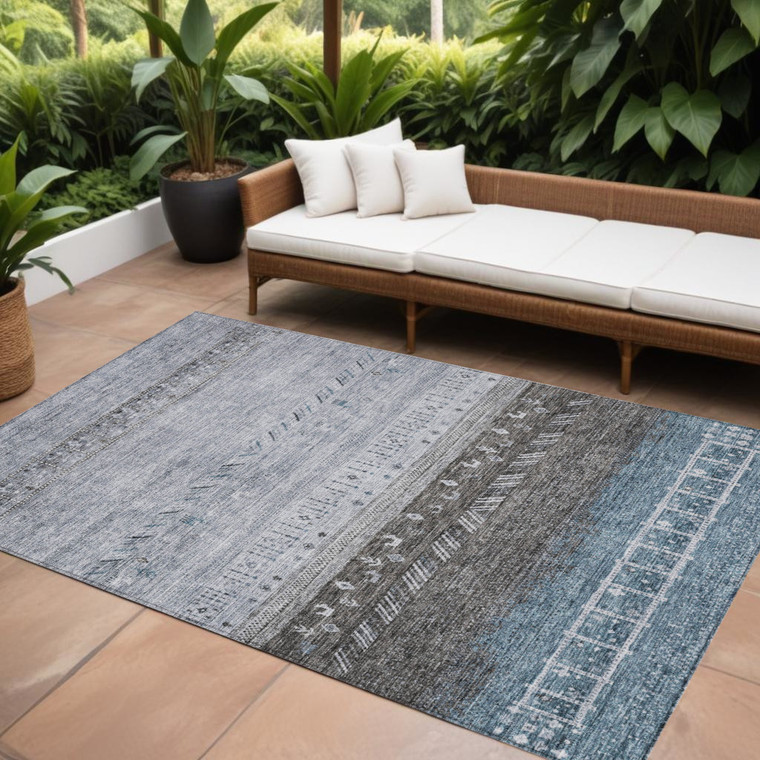 8' X 10' Blue Gray And Charcoal Southwestern Washable Indoor Outdoor Area Rug