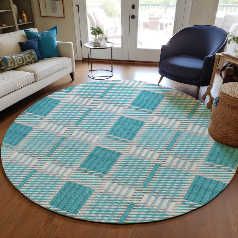 8' Teal Blue Gray And Ivory Round Plaid Washable Indoor Outdoor Area Rug
