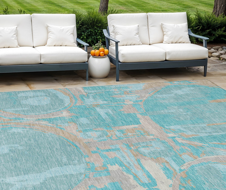9' X 12' Teal Blue Aqua And Taupe Geometric Washable Indoor Outdoor Area Rug