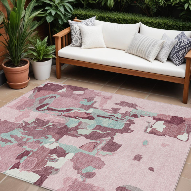 10' X 14' Pink And Gray Abstract Washable Indoor Outdoor Area Rug - Pink, Gray
