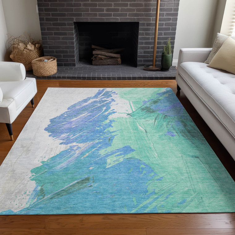 9' X 12' Pale Aqua Mint Green And Ivory Abstract Washable Indoor Outdoor Area Rug