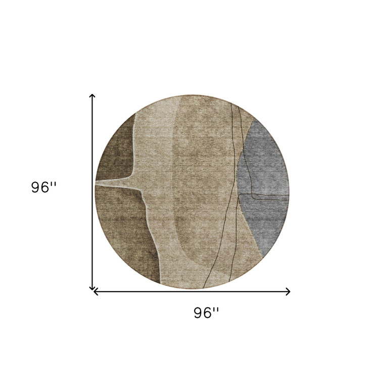 8' Brown Taupe And Beige Round Abstract Washable Indoor Outdoor Area Rug Transitional Style - Brown, Taupe, Beige Color