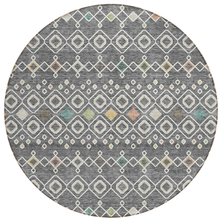 8' Gray Ivory And Gold Round Geometric Washable Indoor Outdoor Area Rug