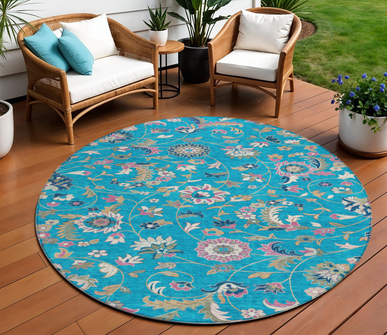 8' Teal Blue Ivory And Pink Round Floral Washable Indoor Outdoor Area Rug