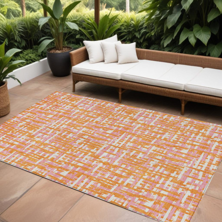 9' X 12' Orange Pink And Beige Abstract Washable Indoor Outdoor Area Rug