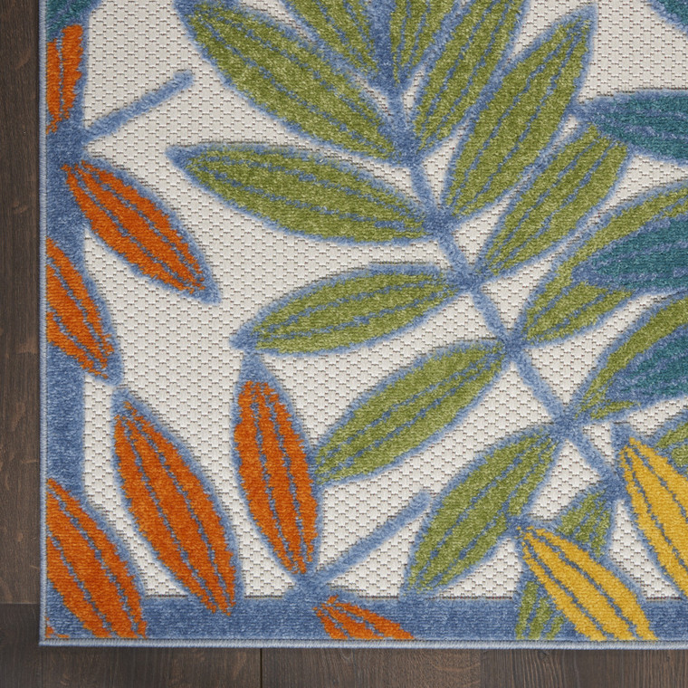 10' X 14' Ivory Blue Orange And Green Palm Leaf Indoor Outdoor Area Rug