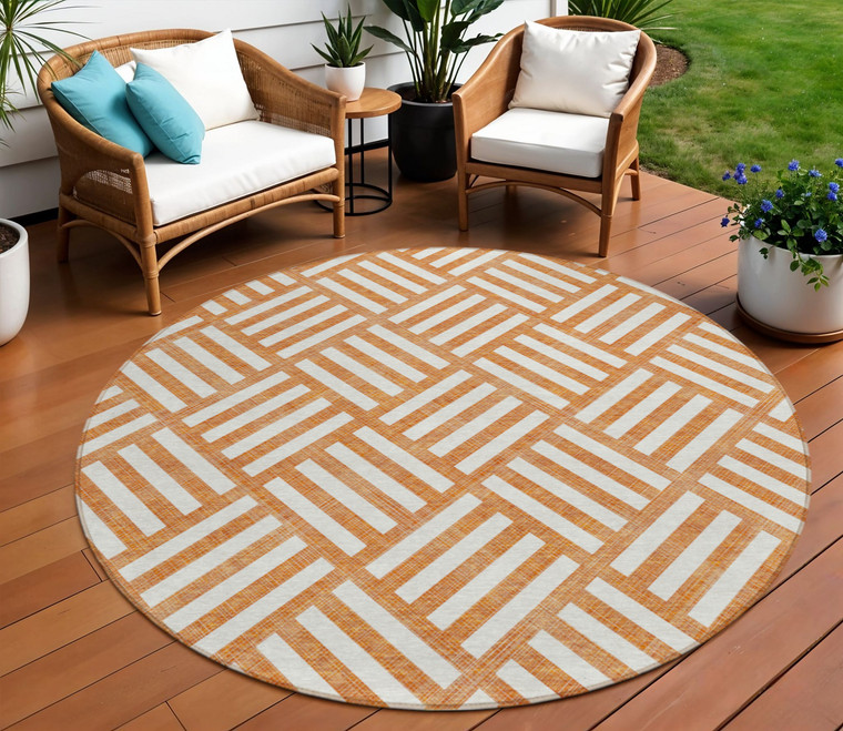 8' Orange And Ivory Round Geometric Washable Indoor Outdoor Area Rug