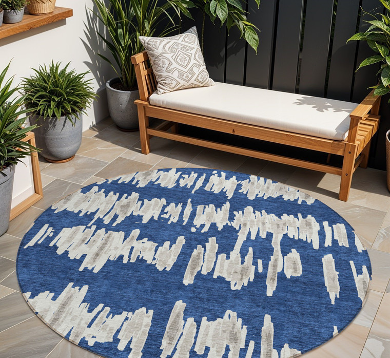 8' Navy Blue Gray And Ivory Round Striped Washable Indoor Outdoor Area Rug