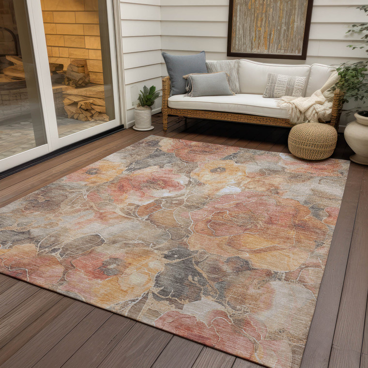 8' X 10' Peach And Gray Floral Washable Indoor Outdoor Area Rug