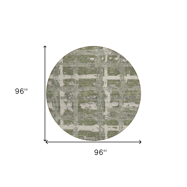 8' Olive Green Gray And Beige Round Striped Washable Indoor Outdoor Area Rug