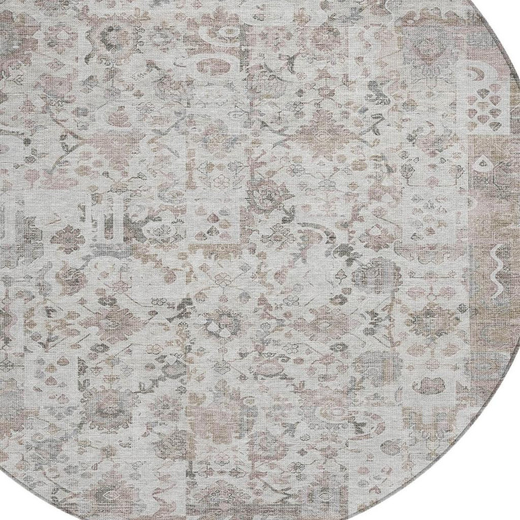 8' Taupe And Ivory Round Patchwork Washable Indoor Outdoor Area Rug - Taupe, Ivory