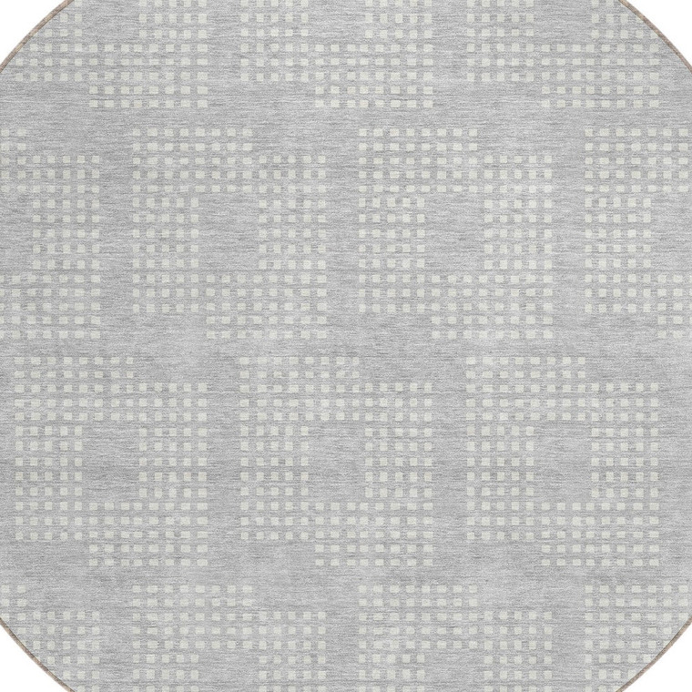 8' Silver And Ivory Round Geometric Washable Indoor Outdoor Area Rug Transitional Style - Silver, Ivory Color