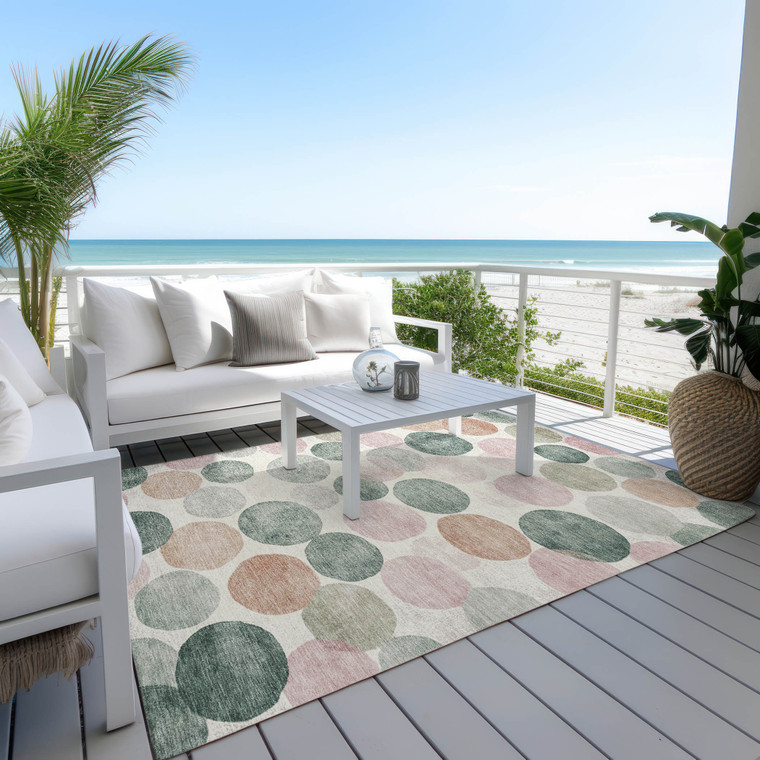 9' X 12' Salmon Green And Peach Geometric Washable Indoor Outdoor Area Rug