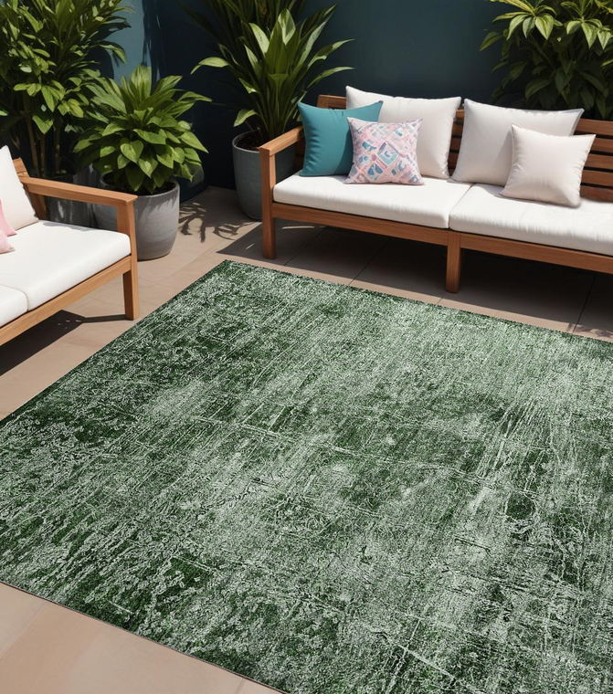 9' X 12' Emerald Abstract Washable Non Skid Indoor Outdoor Area Rug - Emerald