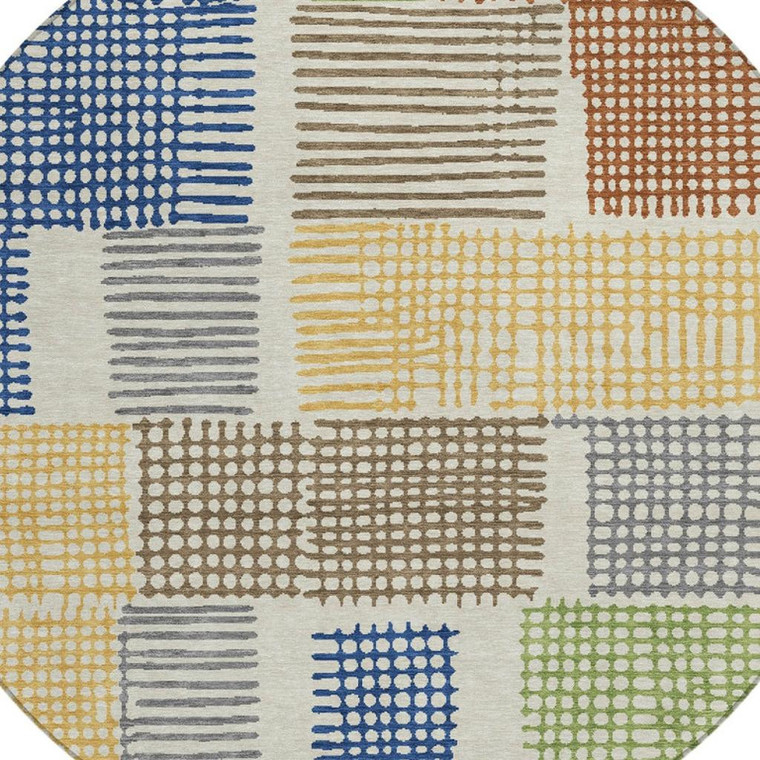 8' Beige Gold And Blue Round Geometric Washable Indoor Outdoor Area Rug