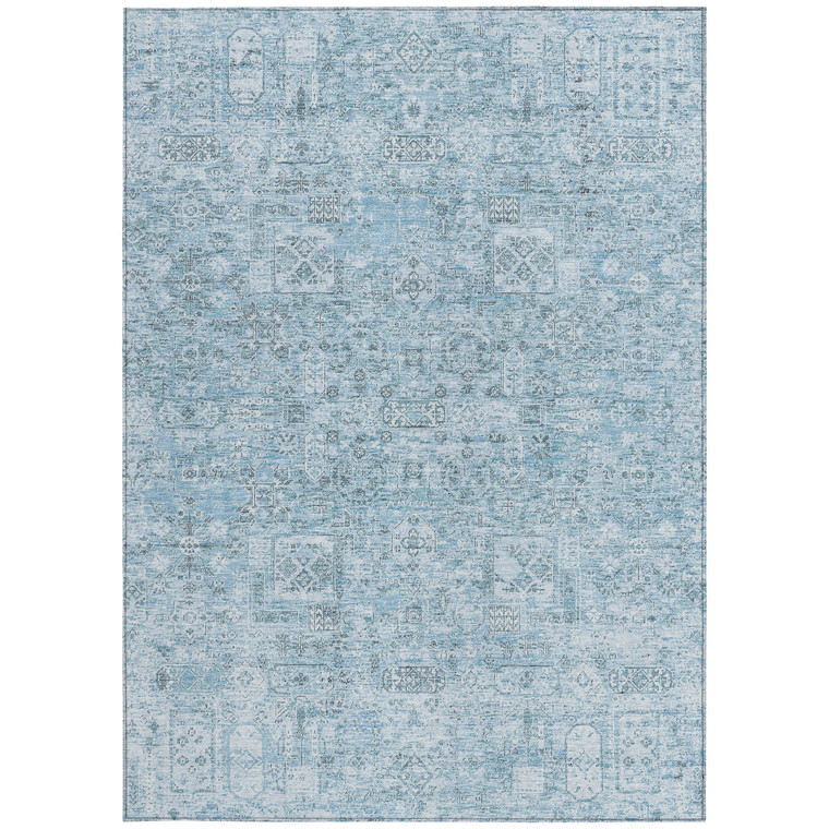 8' X 10' Sky Blue And Denim Blue Floral Washable Indoor Outdoor Area Rug