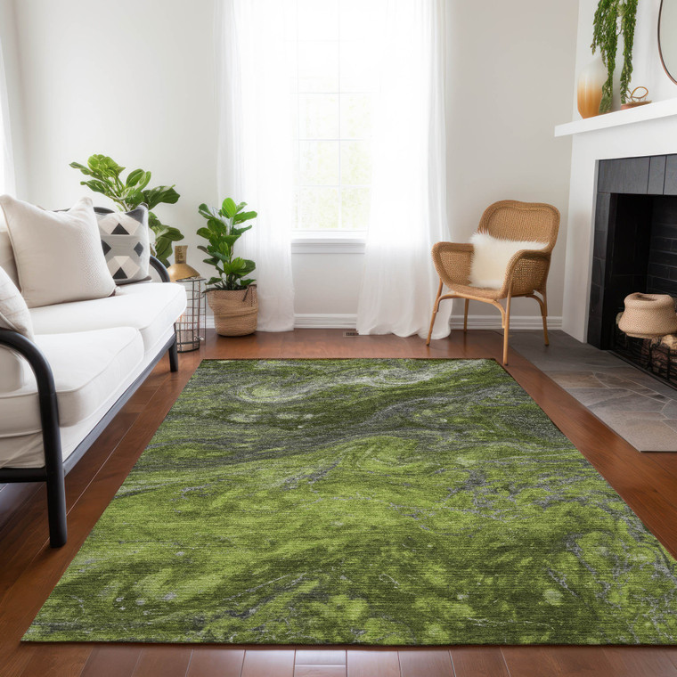 9' X 12' Olive Green And Lime Green Abstract Washable Indoor Outdoor Area Rug