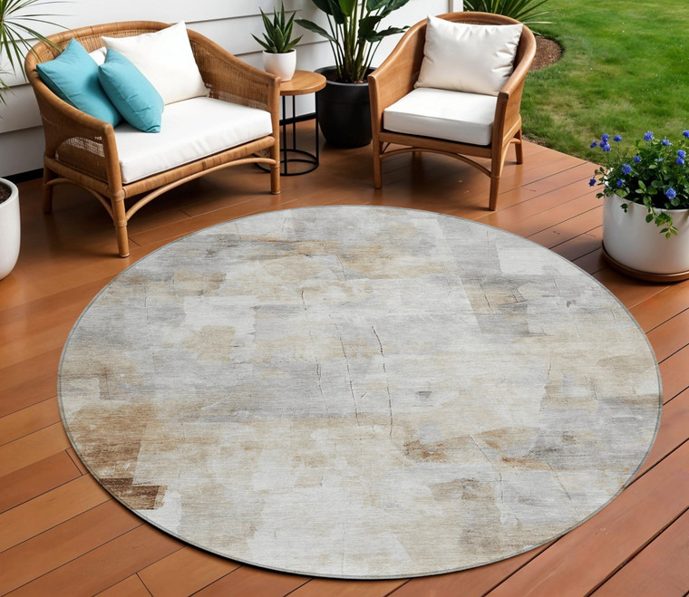 8' Linen Gray And Ivory Round Abstract Washable Indoor Outdoor Area Rug