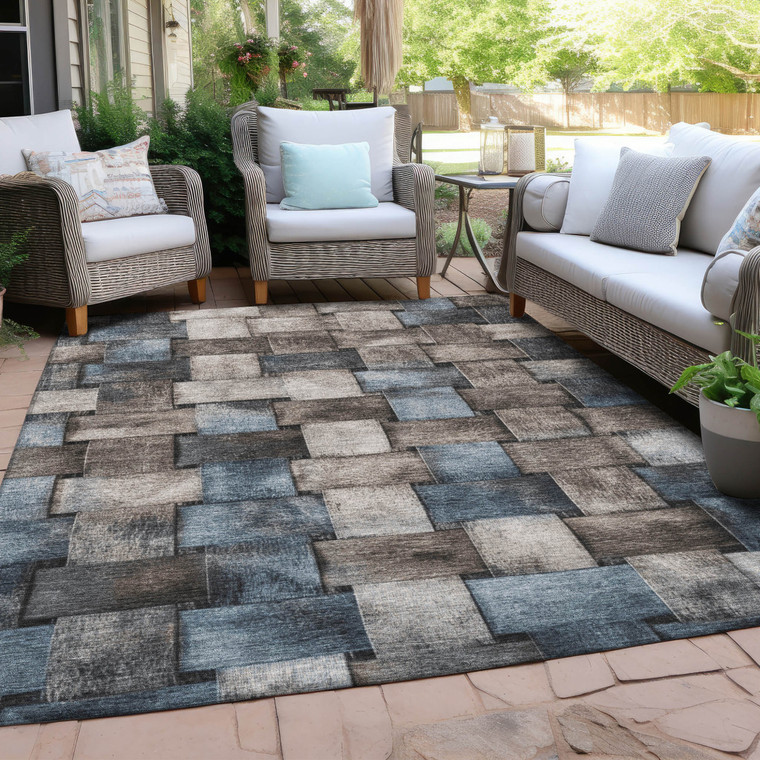 8' X 10' Taupe And Denim Blue Striped Washable Indoor Outdoor Area Rug