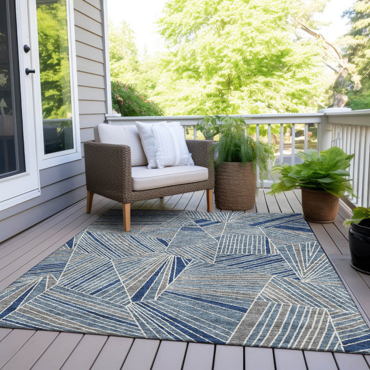 8' X 10' Denim Blue Gray And Ivory Geometric Washable Indoor Outdoor Area Rug