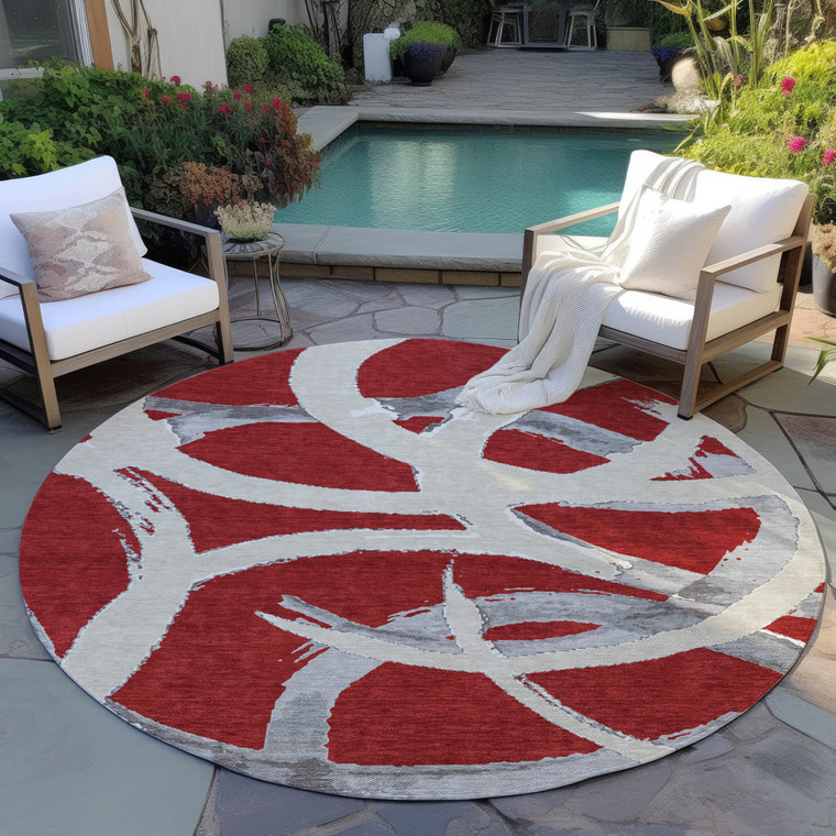 8' Red Beige And Gray Round Abstract Washable Indoor Outdoor Area Rug