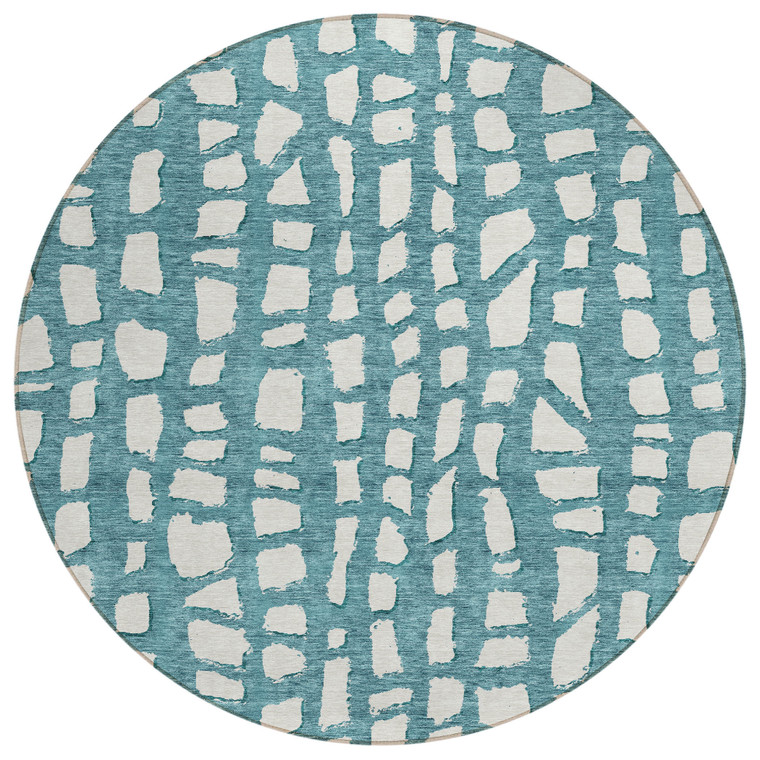 8' Teal Blue And Ivory Round Abstract Washable Indoor Outdoor Area Rug - 608219048532