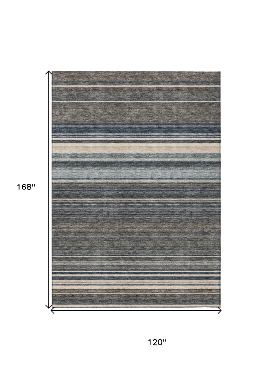 10' X 14' Taupe Beige And Pewter Striped Washable Indoor Outdoor Area Rug
