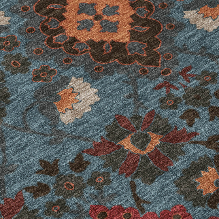 10' X 14' Denim Blue Brick Red And Brown Oriental Washable Indoor Outdoor Area Rug