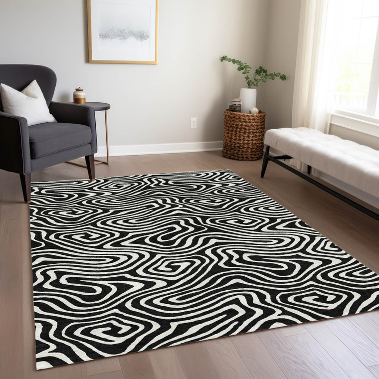 10' X 14' Black And Ivory Abstract Washable Indoor Outdoor Area Rug Transitional Style - Black, Ivory Color