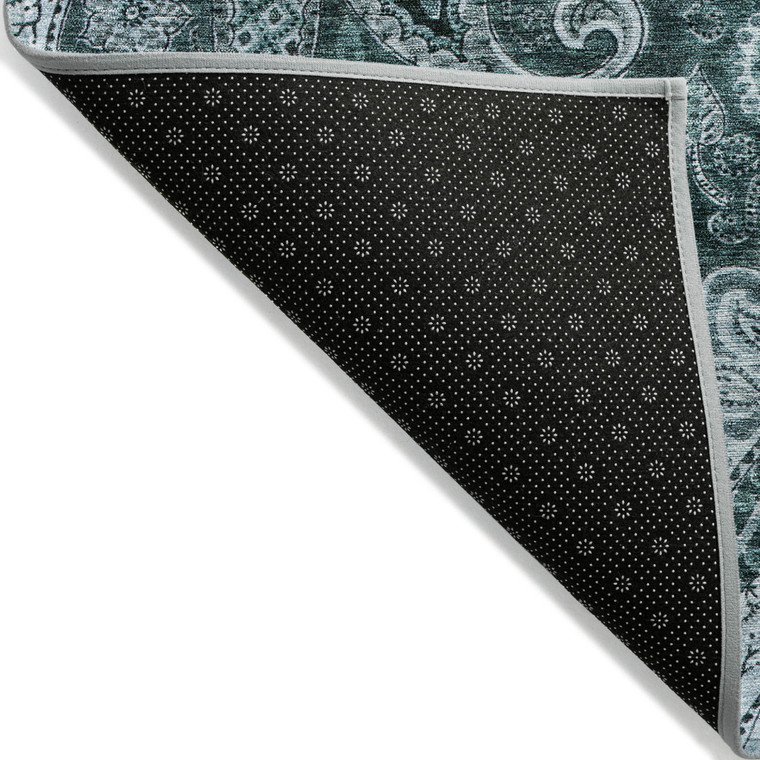 8' Teal Blue And Dark Green Round Floral Medallion Washable Indoor Outdoor Area Rug