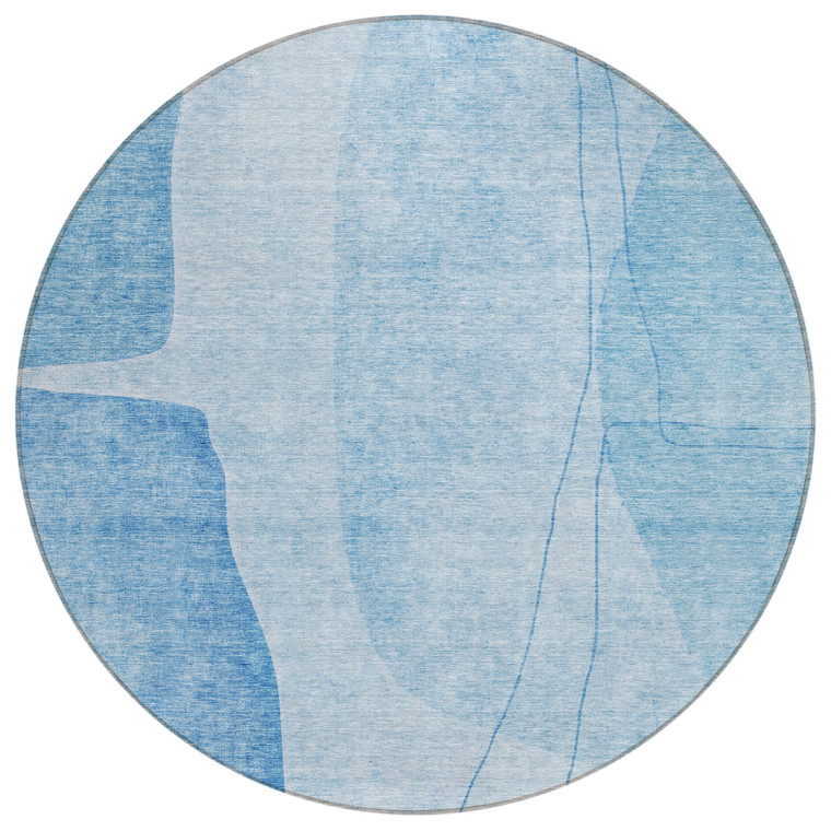 8' Denim Blue And Sky Blue Round Abstract Washable Indoor Outdoor Area Rug - 608219199289