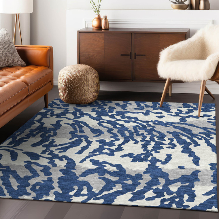 9' X 12' Navy Blue Gray And Ivory Animal Print Washable Indoor Outdoor Area Rug