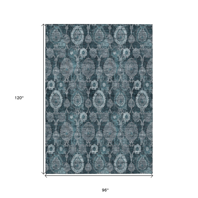 8' X 10' Teal Blue And Sky Blue Damask Washable Indoor Outdoor Area Rug