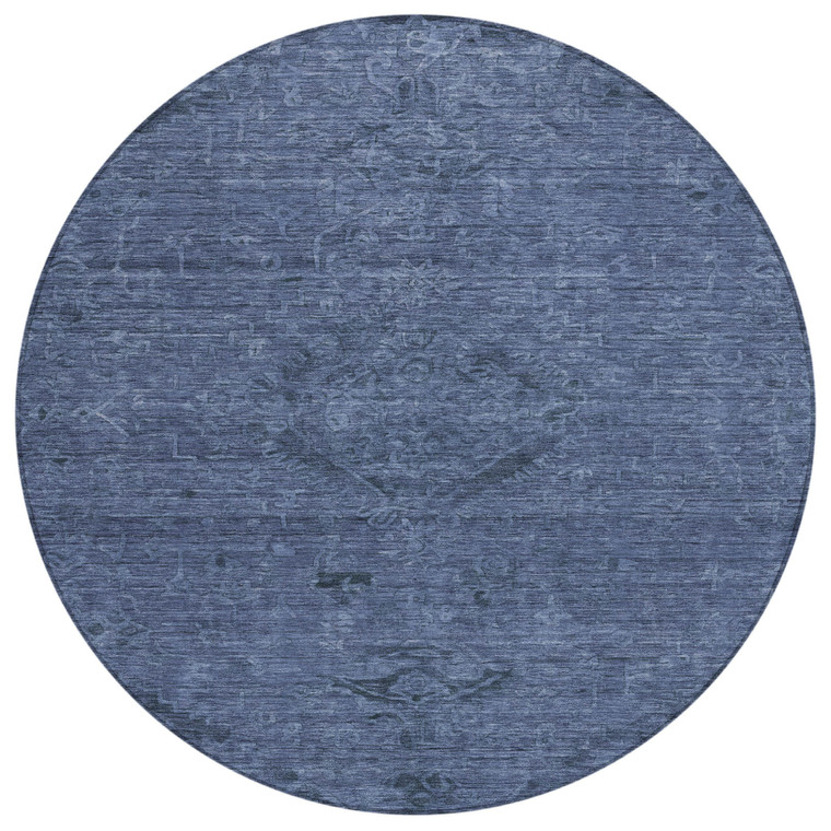 8' Navy Blue And Charcoal Round Floral Washable Indoor Outdoor Area Rug - Navy Blue, Charcoal