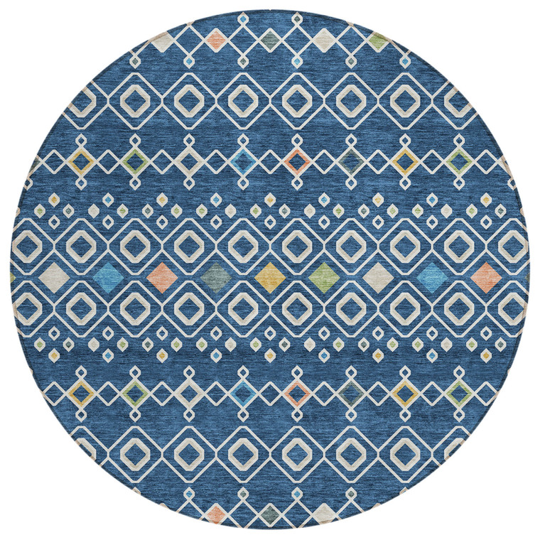 8' Navy Blue Ivory And Peach Round Geometric Washable Indoor Outdoor Area Rug