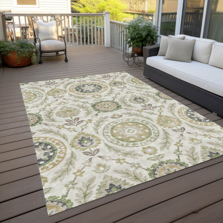 10' X 14' Ivory Beige And Taupe Floral Washable Indoor Outdoor Area Rug
