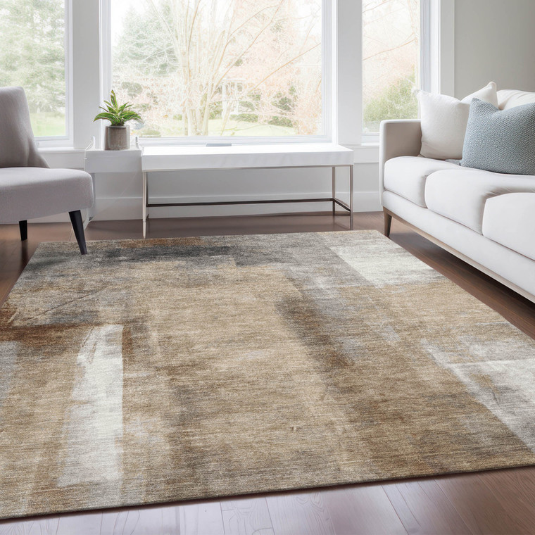 8' X 10' Beige And Ivory Abstract Washable Indoor Outdoor Area Rug - Beige, Ivory