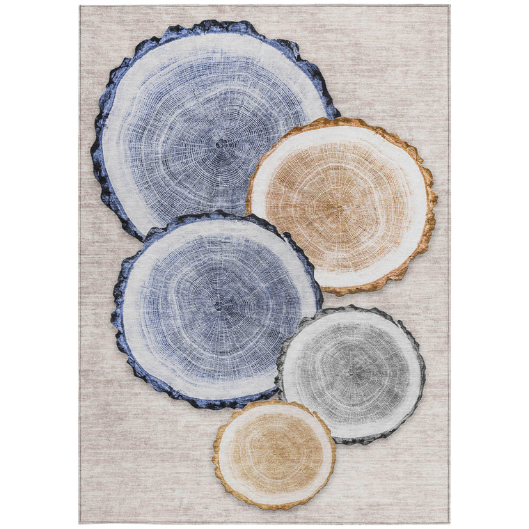 8' X 10' Beige Blue and Gold Faux Bois Washable Non Skid Indoor Outdoor Area Rug