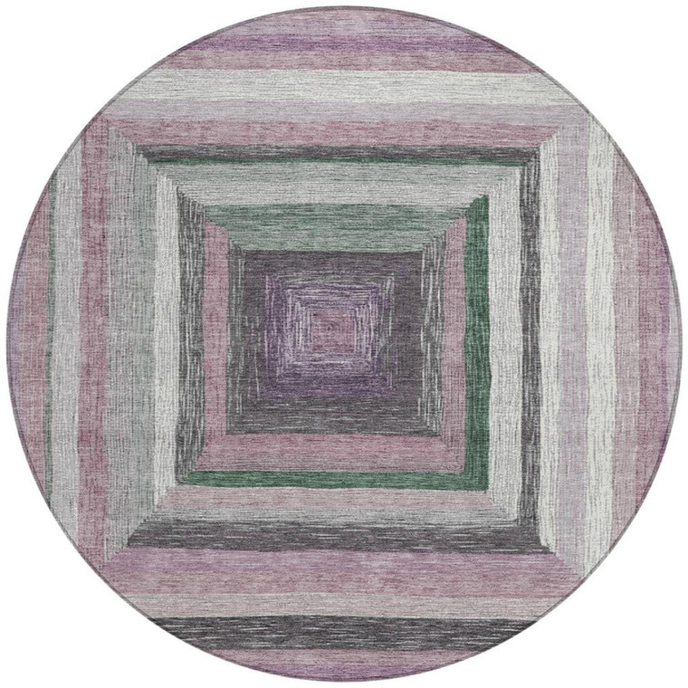 8' Blush Gray And Green Round Geometric Washable Indoor Outdoor Area Rug