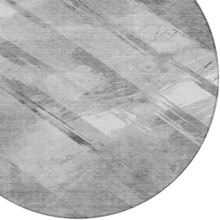 8' Gray And Charcoal Round Striped Washable Indoor Outdoor Area Rug