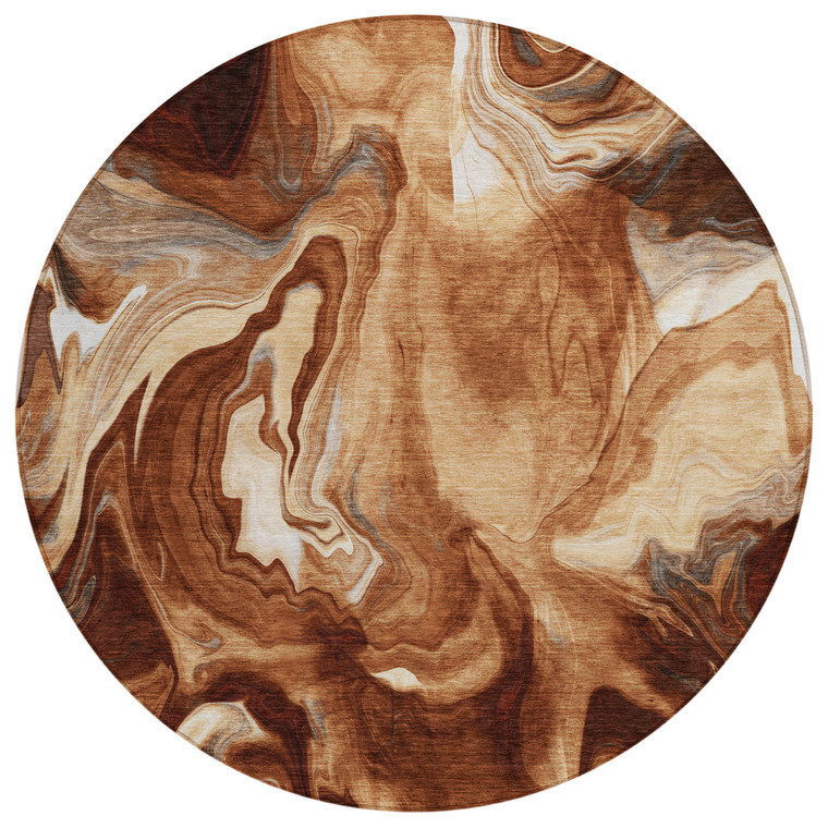 8' Orange Copper And Ivory Round Abstract Washable Indoor Outdoor Area Rug
