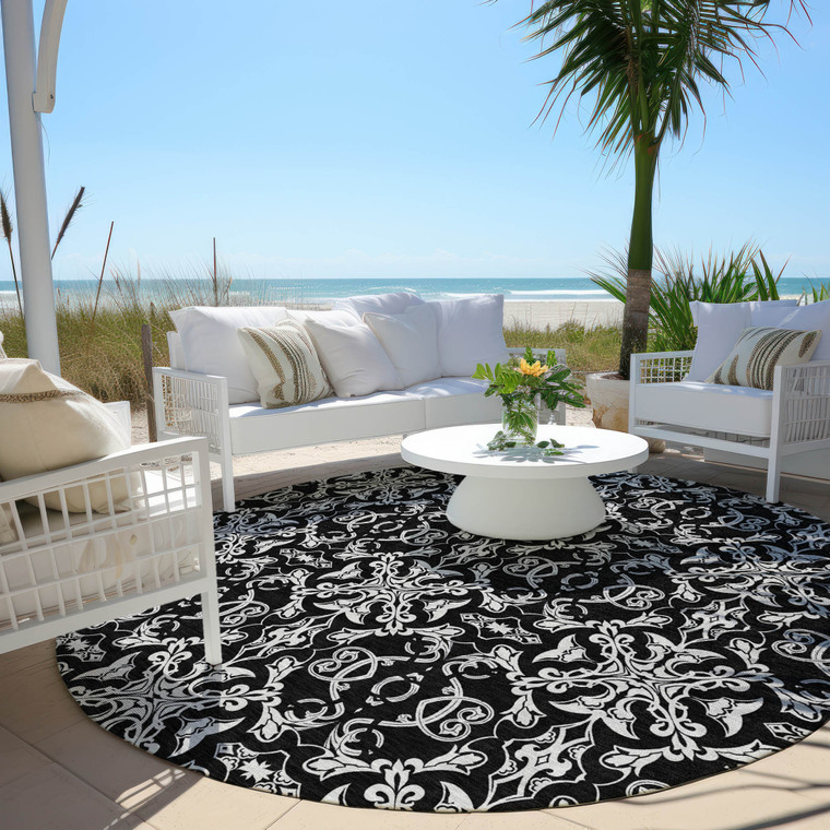 8' Ivory And Black Round Medallion Washable Indoor Outdoor Area Rug