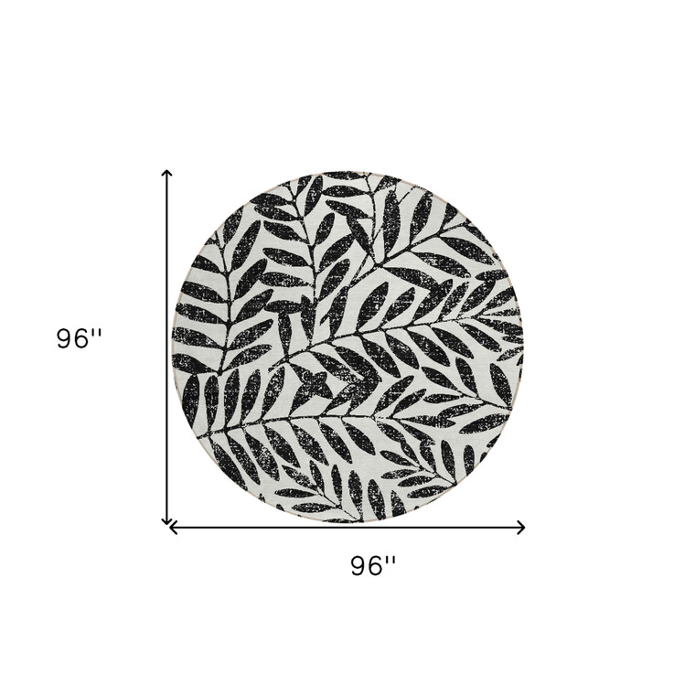 8' Black And Ivory Round Floral Washable Indoor Outdoor Area Rug