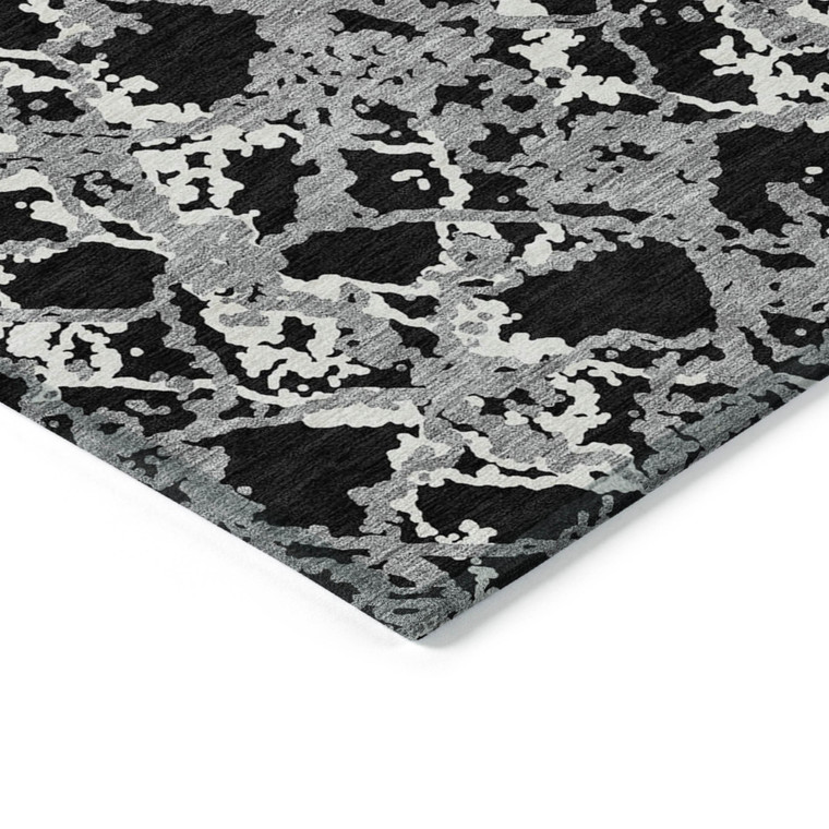 8' Black And Gray Round Abstract Washable Indoor Outdoor Area Rug - Black, Gray