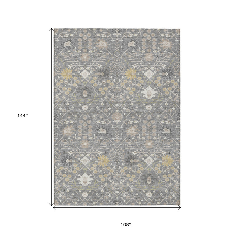 9' X 12' Gray Gold And Ivory Oriental Washable Indoor Outdoor Area Rug