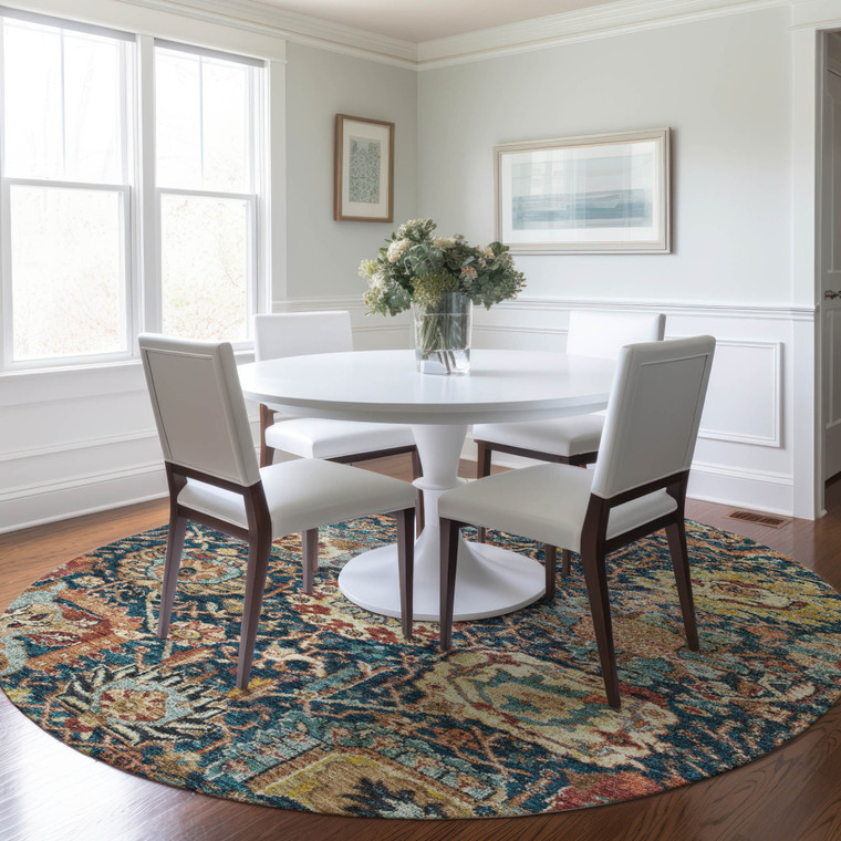 8' Navy Blue Terra Cotta And Beige Round Damask Washable Indoor Outdoor Area Rug