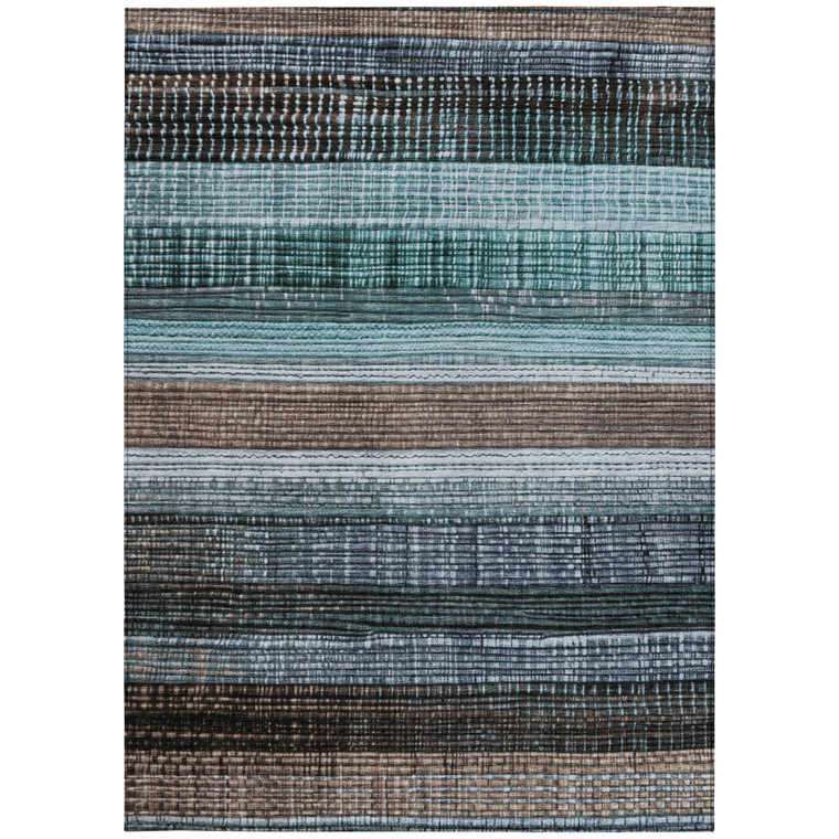 8' X 10' Teal Blue And Brown Striped Washable Indoor Outdoor Area Rug