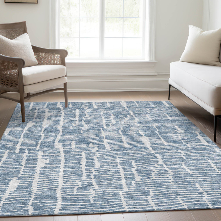 9' X 12' Blue And Ivory Abstract Washable Indoor Outdoor Area Rug - Blue, Ivory